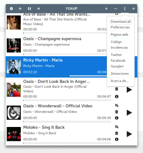 YouTube como reproductor de música con Yoaup para Linux. Menú.