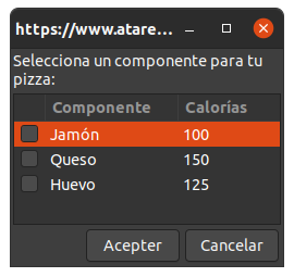 Un diálogo para elegir entre diferentes opciones con varias columnas